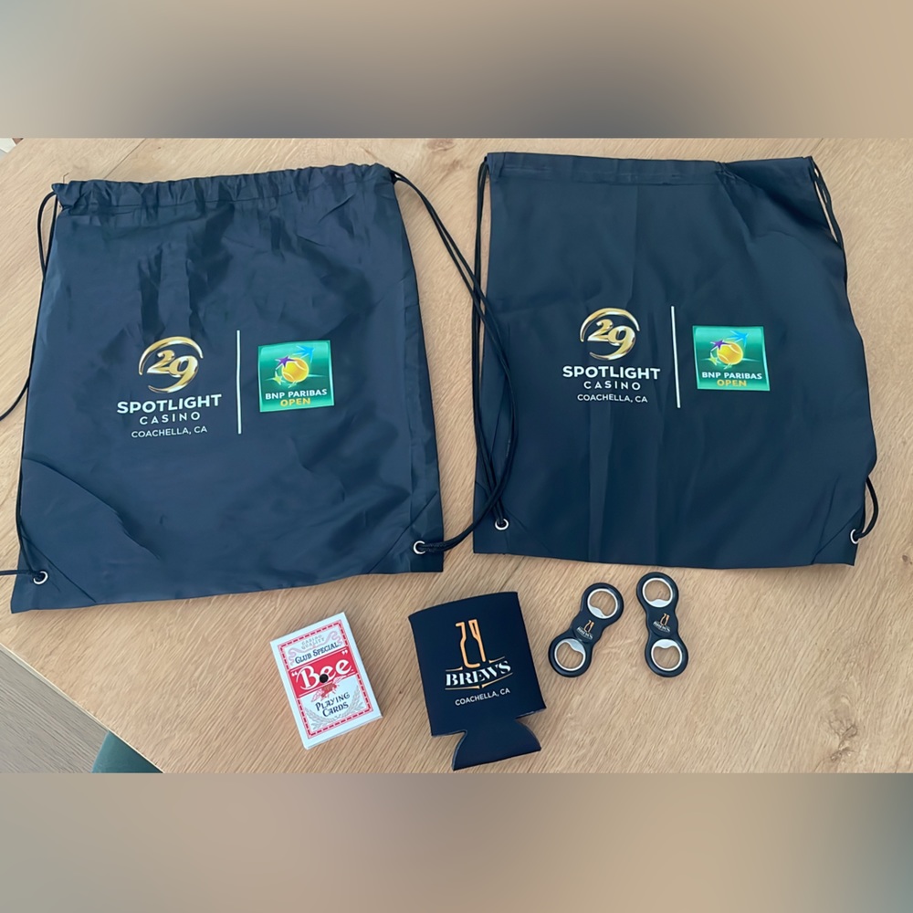 2 Plastic Draw String Bags/backpack, Deck of Cards, Two Bottle Openers, Koozie